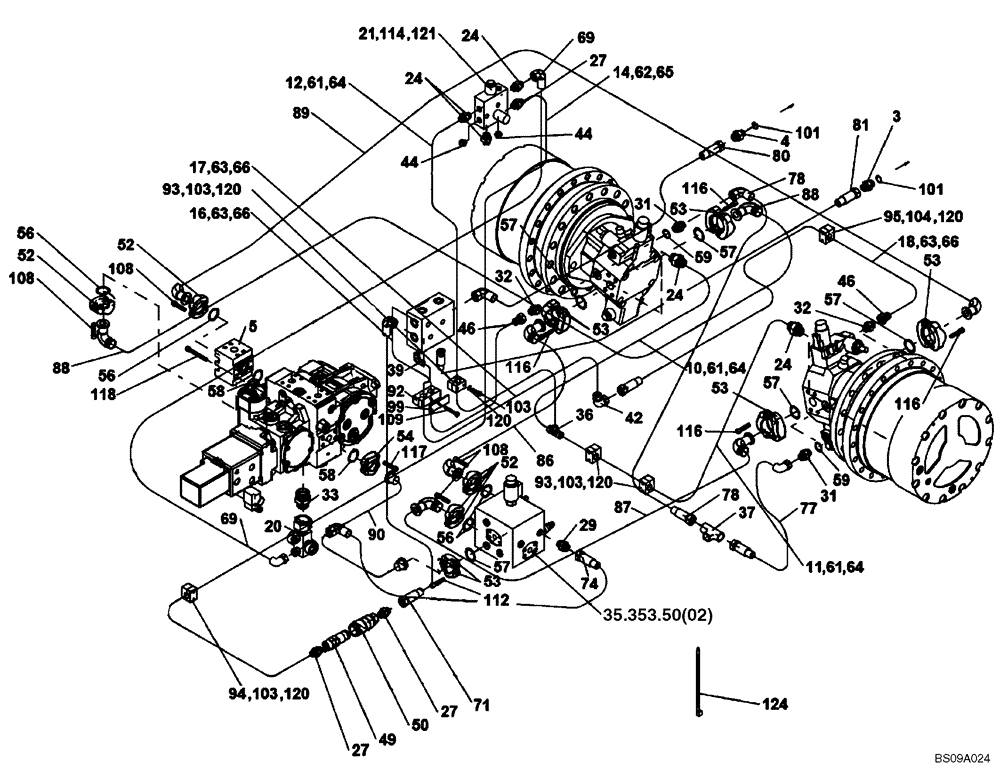 Схема запчастей Case SV212 - (35.353.19[02]) - HYDRAULIC SYSTEM OF TRAVEL, REAR WHEELS - ASN DDD003016 (35) - HYDRAULIC SYSTEMS