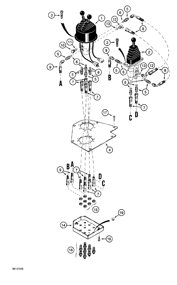 Схема запчастей Case 921 - (8-066) - REMOTE LOADER CONTROL CIRCUIT, THREE LEVERS WITH THREE-SPOOL VALVE (08) - HYDRAULICS