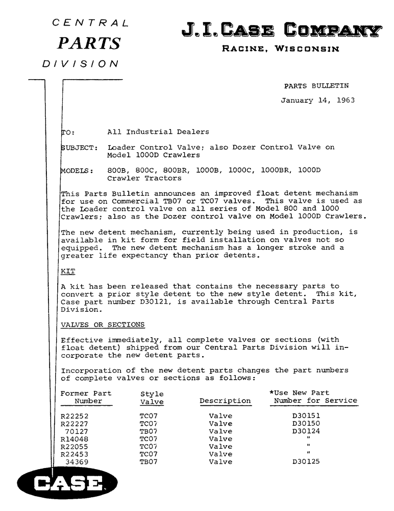 Схема запчастей Case 1000C - (001G) - PARTS BULLETIN (00) - GENERAL