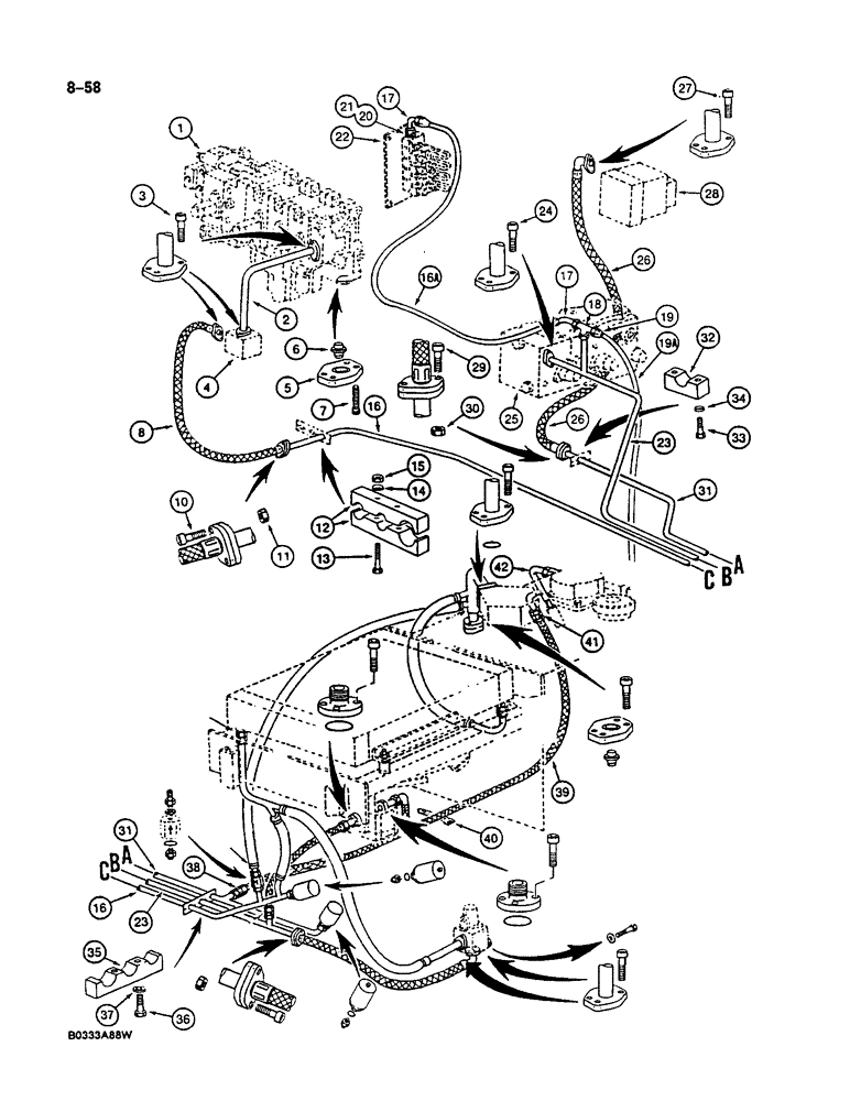 Схема запчастей Case 125B - (8-058) - HYDRAULIC CIRCUIT RETURN LINES, P.I.N. 74631 THROUGH 74844 (08) - HYDRAULICS