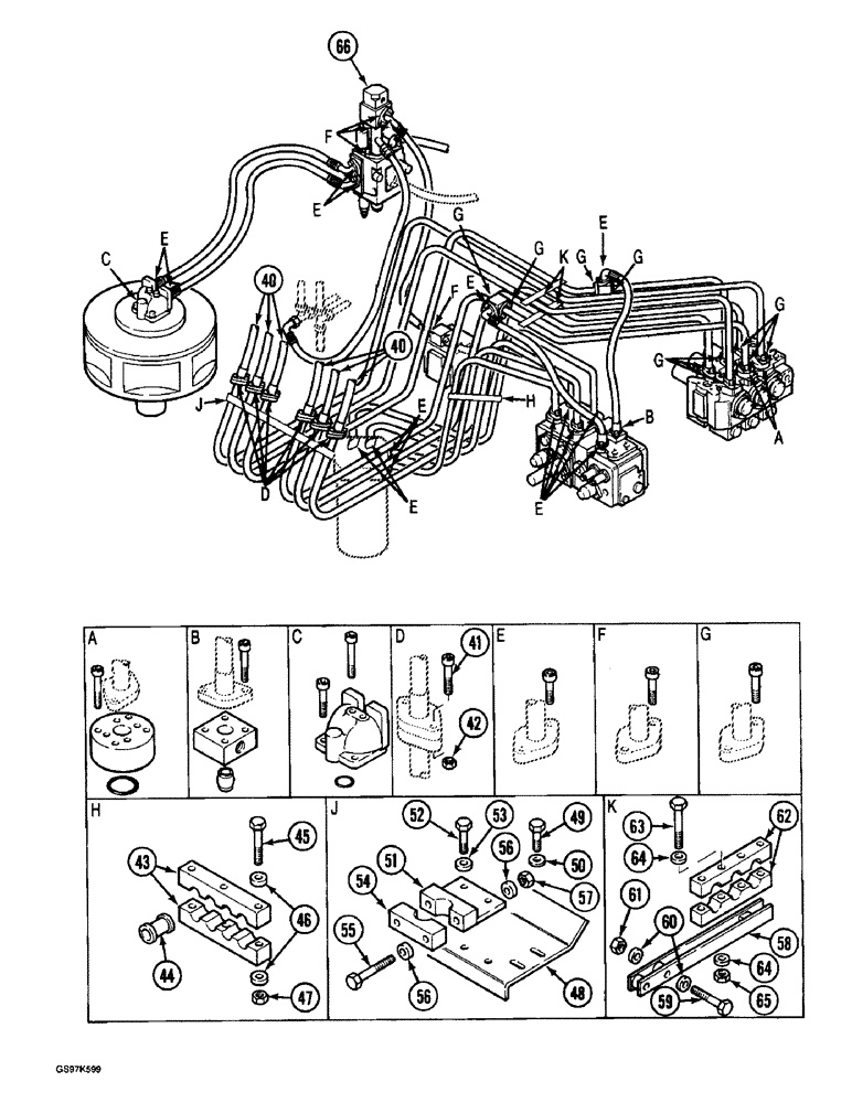 Схема запчастей Case 220B - (8-076) - HYDRAULIC CIRCUIT FROM SWING & DRIVE CONRTOL VALVES, P.I.N. 74441 THRU 74597, P.I.N. 03201 AND AFTER (08) - HYDRAULICS