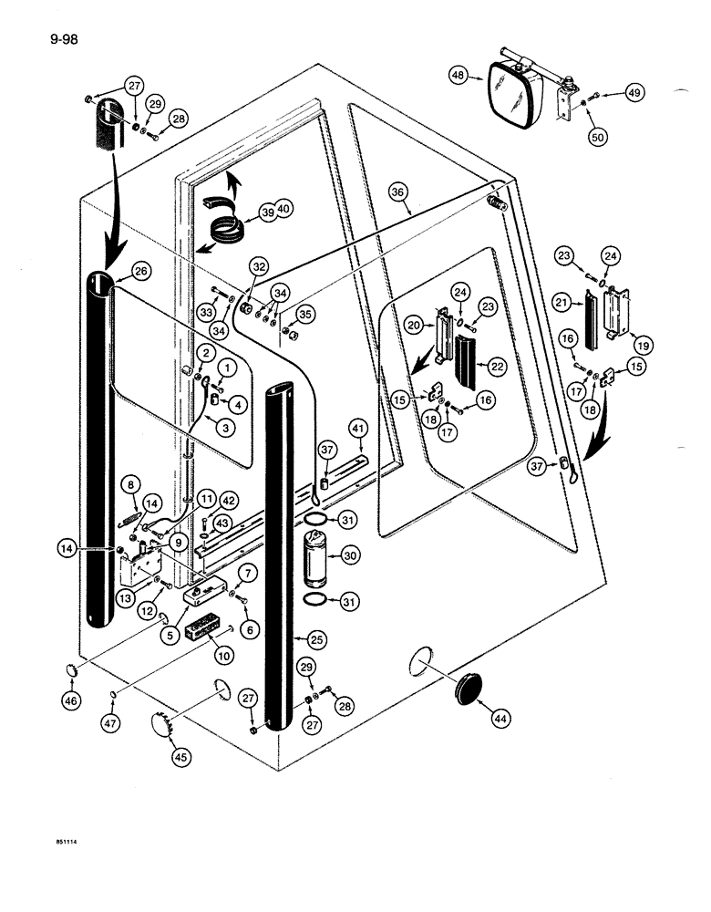 Схема запчастей Case 1086B - (9-098) - WINDSHIELD CABLES, DOOR LATCH, AND MISCELLANEOUS, PRIOR TO CAB S/N 334940 (09) - CHASSIS