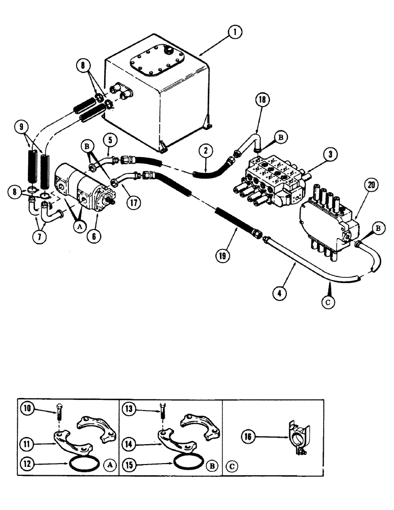 Схема запчастей Case 50 - (8-158) - OIL TANK TO PUMP TO VALVES TUBING (08) - HYDRAULICS