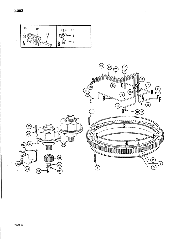 Схема запчастей Case 170B - (9-302) - TURNTABLE BEARING AND LUBRICATION LINES, P.I.N. 74341 THRU 74456 (09) - CHASSIS