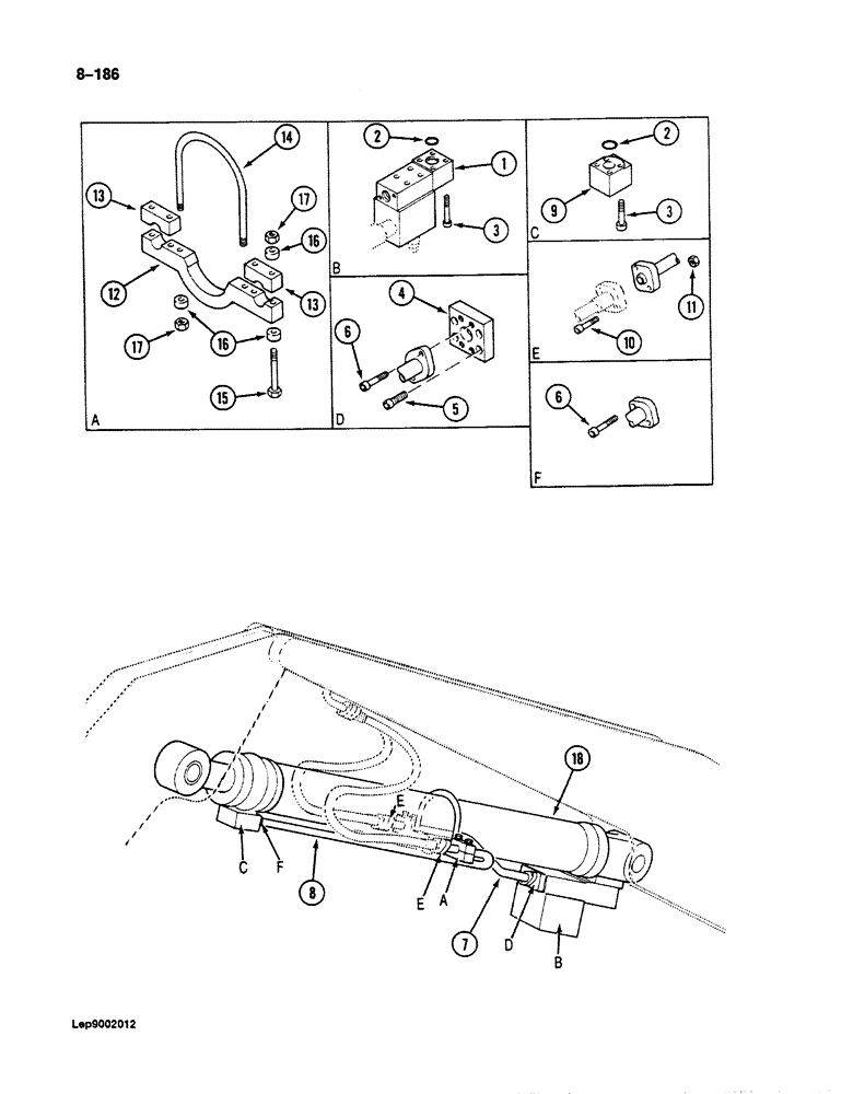 Схема запчастей Case 125B - (8-186) - REHANDLING ARM CYLINDER CIRCUIT, IF USED, TUBES AT CYLINDER (08) - HYDRAULICS