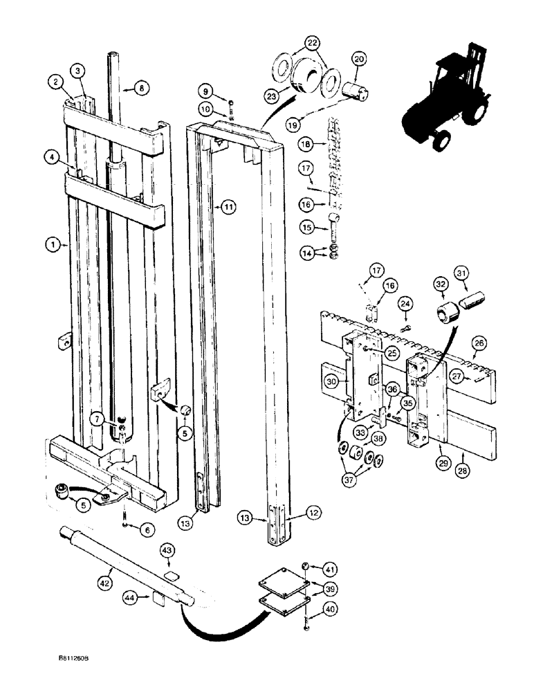 Схема запчастей Case 585E - (9-032) - 3.6 M (12 FOOT) MAST FOR 585E, MODELS WITH SINGLE LIFT CYLINDER (09) - CHASSIS/ATTACHMENTS