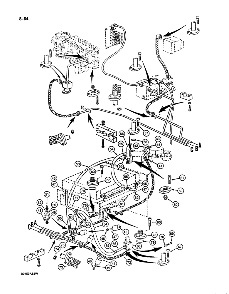 Схема запчастей Case 125B - (8-064) - HYDRAULIC CIRCUIT RETURN LINES, P.I.N. 74845 THROUGH 74963, 21801 THROUGH 21868, 26801 AND AFTER (08) - HYDRAULICS