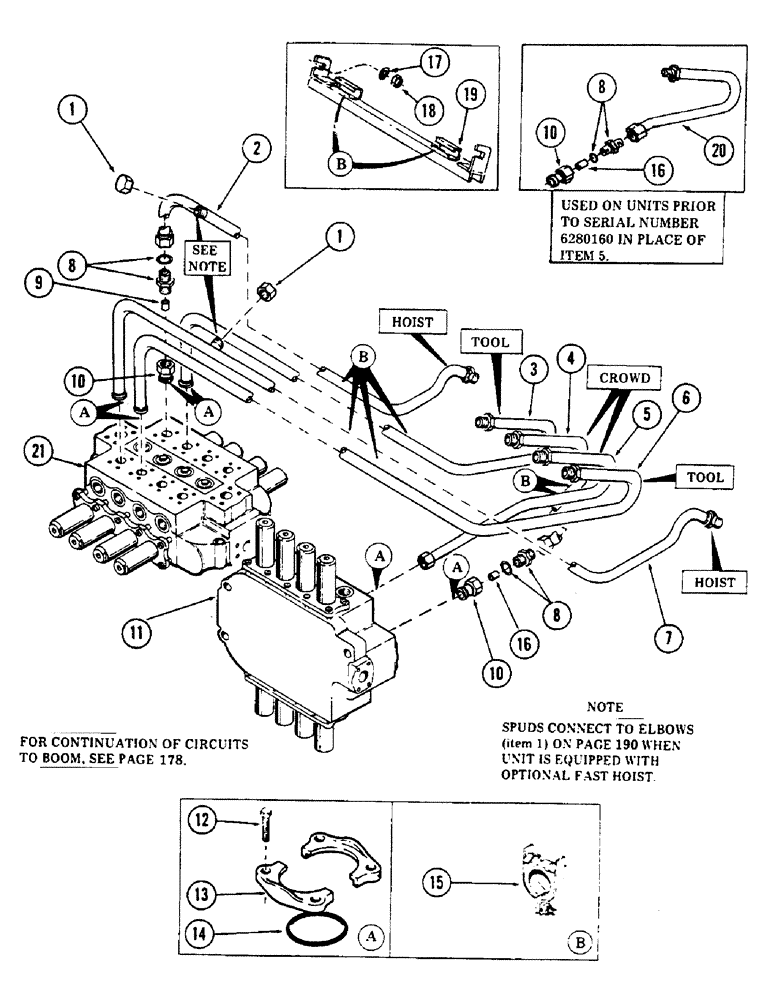 Схема запчастей Case 50 - (176) - CROWD, HOIST & TOOL TUBING FROM VALVES TO BOOM,(USED ON UNITS W/SN.6279926-6280344)(SN.6279926&AFTER (35) - HYDRAULIC SYSTEMS