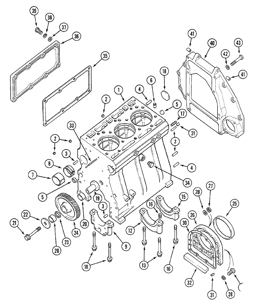 Схема запчастей Case 380B - (2-32) - CYLINDER BLOCK, SIDE COVER AND FLYWHEEL HOUSING (02) - ENGINE