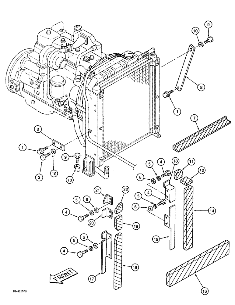 Схема запчастей Case 9010B - (2-008) - RADIATOR MOUNTING, SUPPORTS AND SEALS, PRIOR TO P.I.N. DAC01#2001 (02) - ENGINE