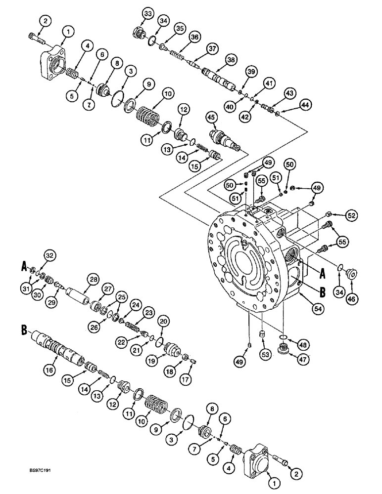 Схема запчастей Case 9030B - (6-12) - TRACK DRIVE MOTOR, BASE PLATE ASSEMBLY AND VALVES, ALL MODELS EXCEPT TIMBER KING MODELS (06) - POWER TRAIN