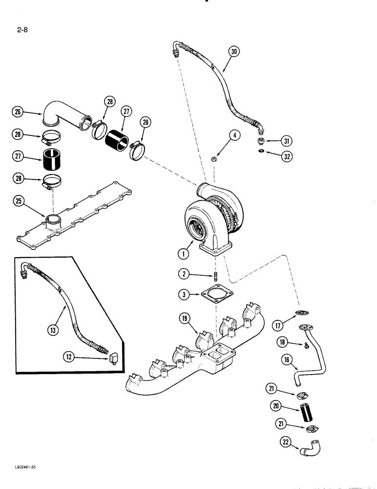 Схема запчастей Case 1550 - (2-08) - TURBOCHARGER SYSTEM, 6T-830 ENGINE (02) - ENGINE