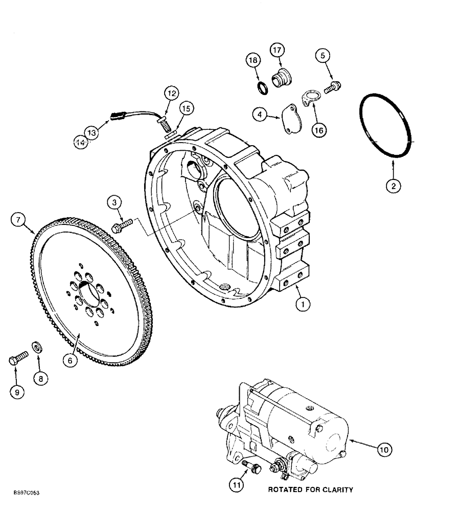 Схема запчастей Case 9030B - (2-74) - FLYWHEEL AND HOUSING, 6T-590 EMISSIONS CERTIFIED ENGINE, P.I.N. DAC03#2001 AND AFTER (18) - MISCELLANEOUS