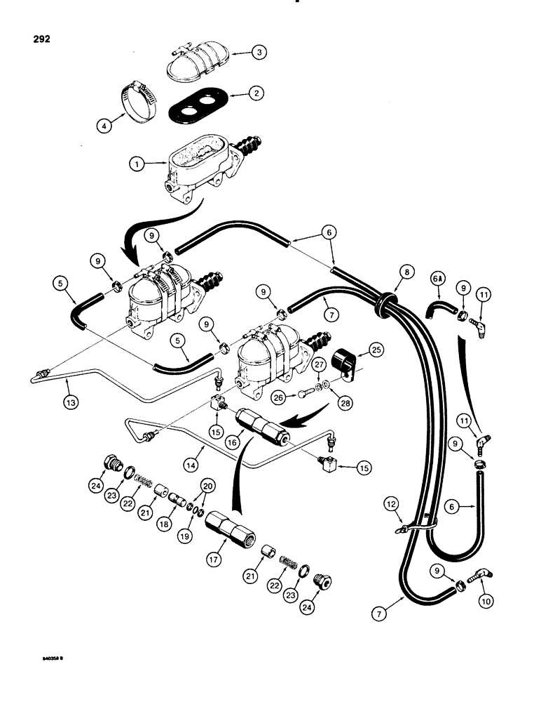 Схема запчастей Case 580E - (292) - BRAKE MASTER CYLINDER HYDRAULIC CIRCUIT, TRACTOR PIN 9869266 AND AFTER (07) - BRAKES