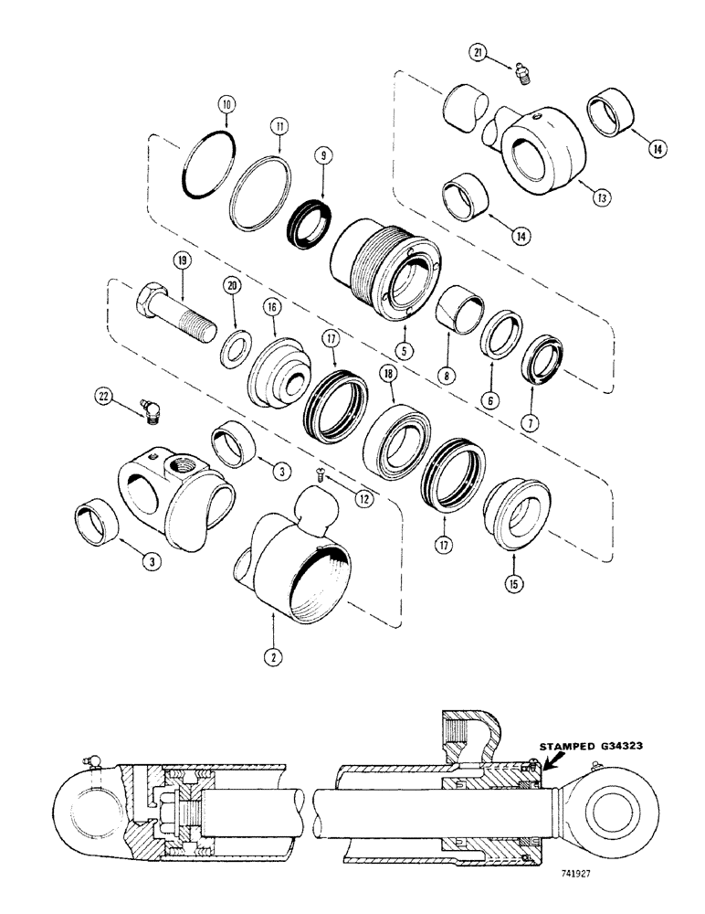 Схема запчастей Case 680CK - (328) - G34323 BACKHOE DIPPER CYLINDER, 4-1/2" DIA. CYLINDER WITH 40 1/8" STROKE GLAND W/ CENTER BEARING (35) - HYDRAULIC SYSTEMS