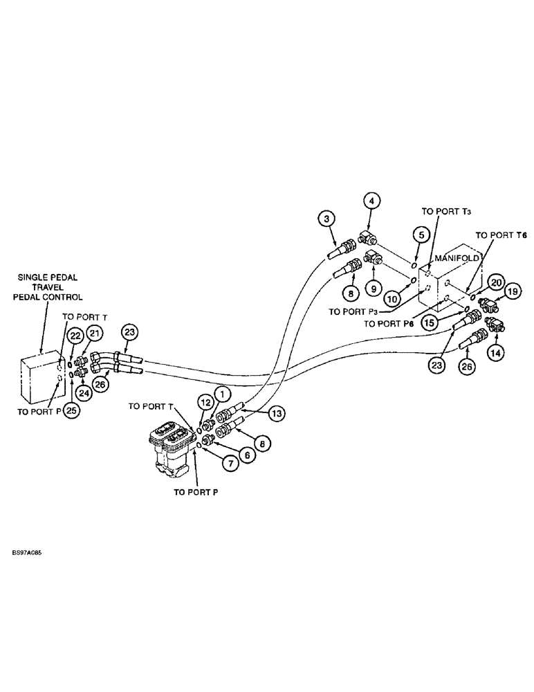 Схема запчастей Case 9060B - (8-042) - PEDAL CONTROL VALVE PRESSURE AND RETURN LINES, P.I.N. EAC0601027 AND AFTER (08) - HYDRAULICS