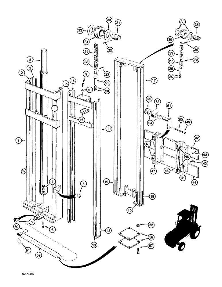 Схема запчастей Case 585E - (9-060) - 6.5 M (21-1/2 FOOT) MAST FOR 585E, MODELS WITH SINGLE LIFT CYLINDER (09) - CHASSIS/ATTACHMENTS