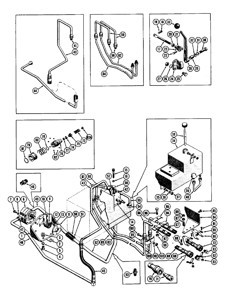 Схема запчастей Case 600 - (210) - SINGLE PULL-BEHIND INSTALLATION, VALVE, LEVERS, PUMP, TUBES, HOSES, FITTINGS (FROM S/N 7060799) (05) - UPPERSTRUCTURE CHASSIS