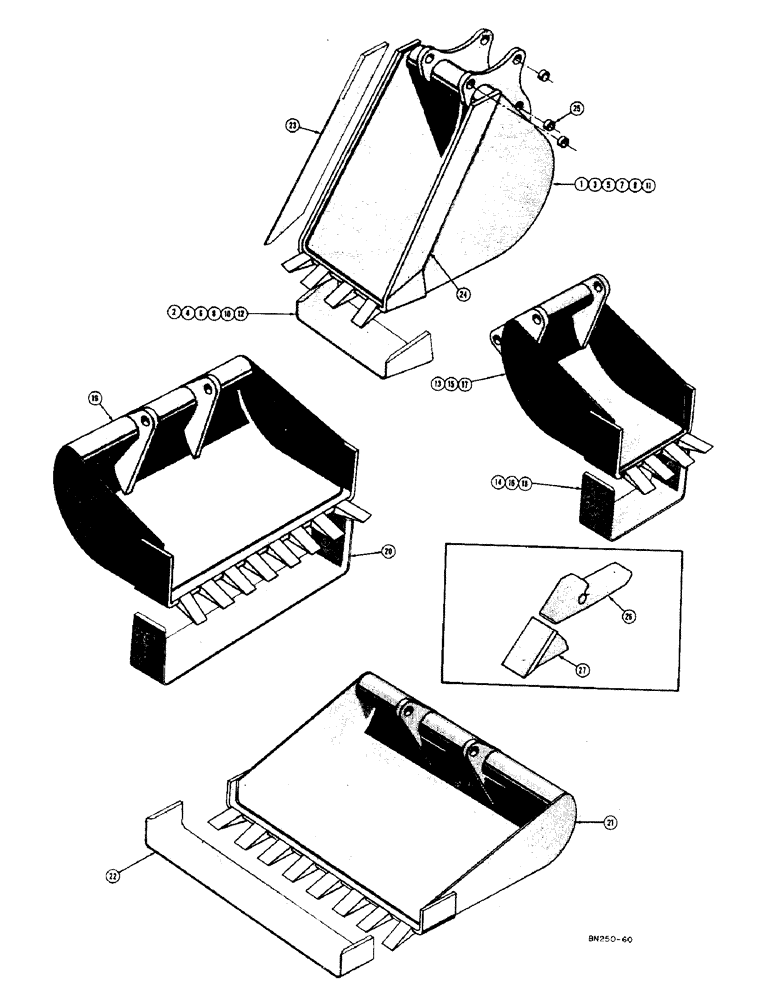 Схема запчастей Case 500 - (268) - BACKHOE BUCKETS (OPTIONAL EQUIPMENT), TRENCHING BUCKETS (19) - BUCKETS