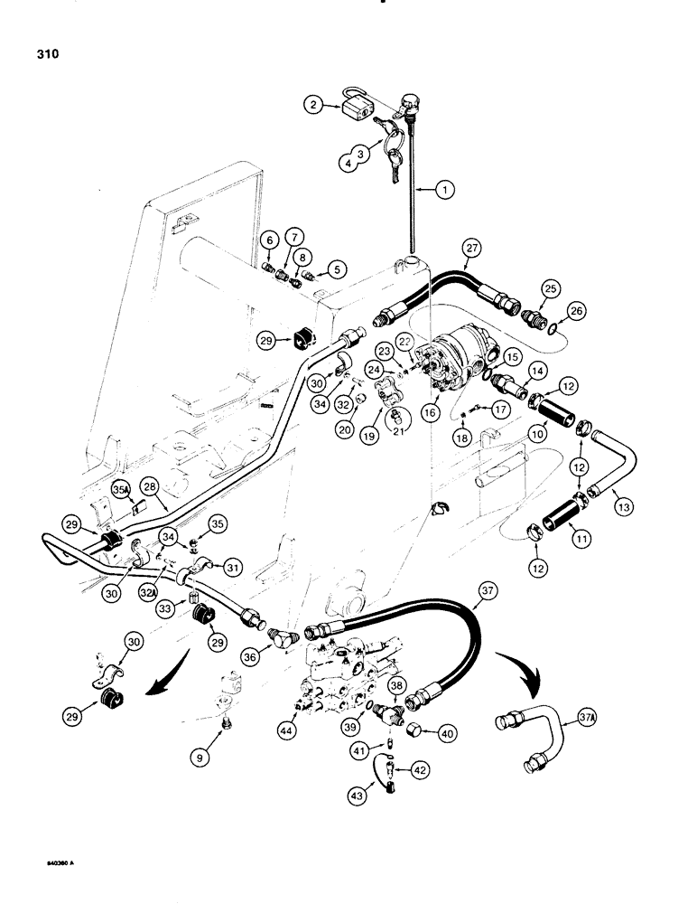 Схема запчастей Case 580E - (310) - EQUIPMENT HYDRAULIC SYSTEM, RESERVOIR TO CASE LOADER CONTROL VALVE (08) - HYDRAULICS