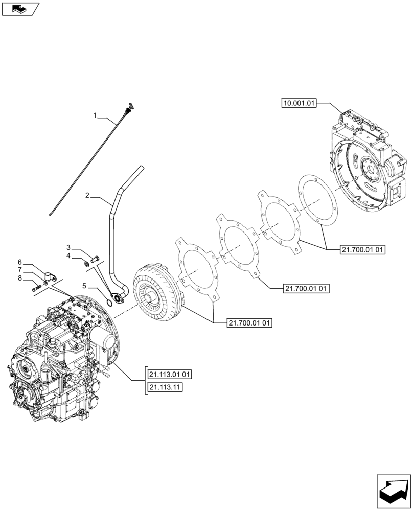 Схема запчастей Case 590SN - (21.113.01[02]) - VAR - 423060, 423061 - POWERSHIFT S- TYPE - POWERSHIFT - DIPSTICK (21) - TRANSMISSION