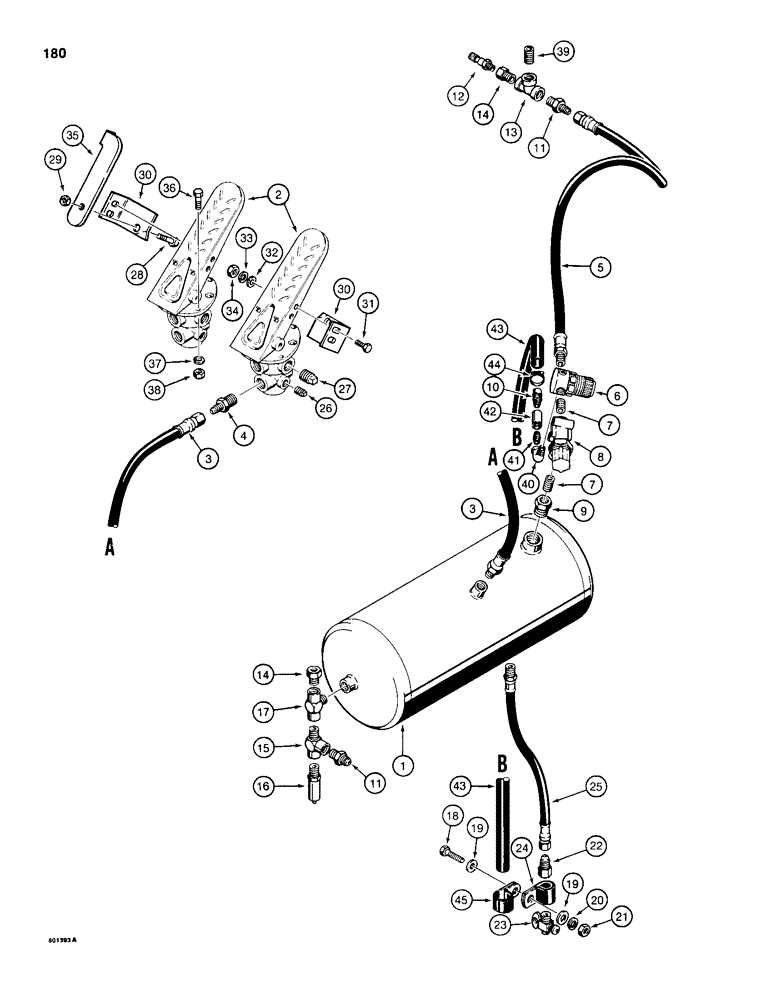 Схема запчастей Case 680H - (180) - BRAKE SYSTEM, RESERVOIR TO PRESSURE VALVES AND TREADLES (07) - BRAKES