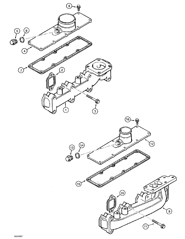 Схема запчастей Case 580SK - (2-24) - MANIFOLDS - EXHAUST AND INTAKE, EXHAUST - 4-390 ENGINE (02) - ENGINE