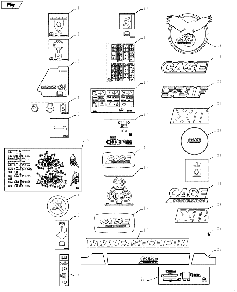 Схема запчастей Case 521F - (90.108.06) - DECALS COMMON TO MODEL (90) - PLATFORM, CAB, BODYWORK AND DECALS