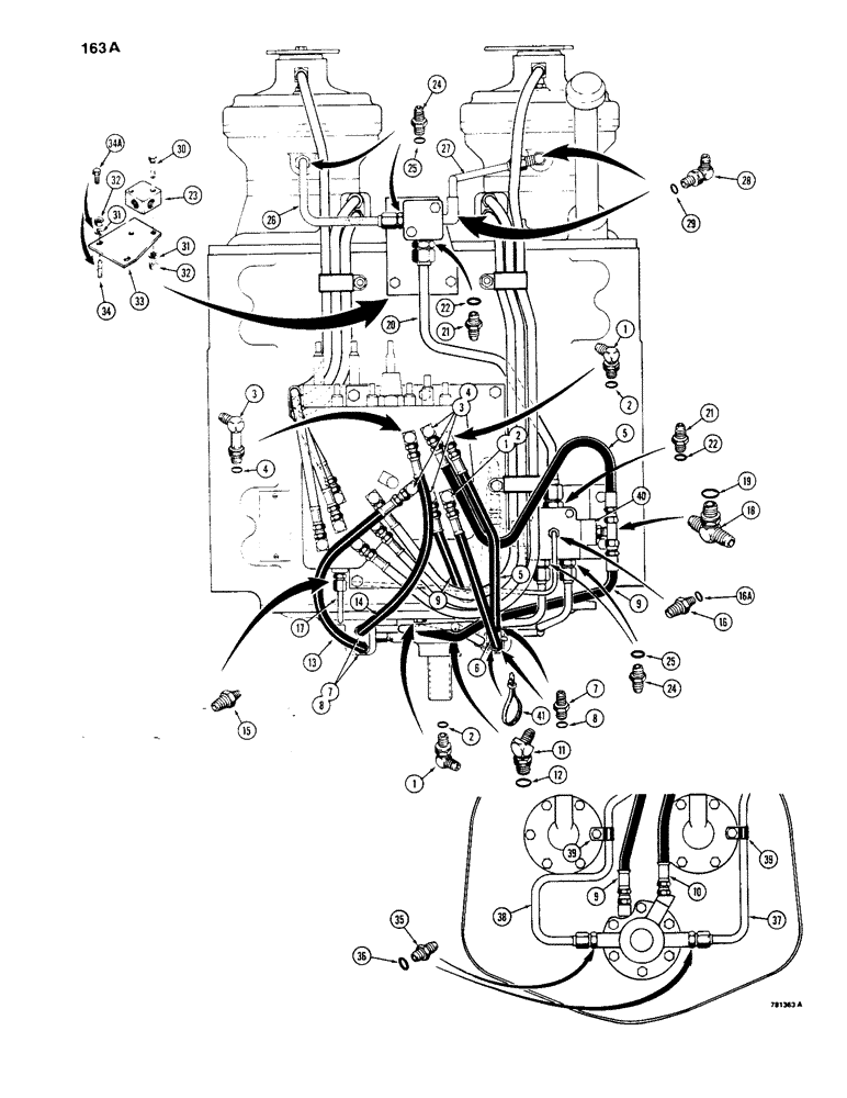 Схема запчастей Case 1450 - (163A) - TRANSMISSION HYDRAULIC CIRCUITS, REAR OF TRANSMISSION TO VALVE & BRAKE, TRANS SN 2845401 & AFT (06) - POWER TRAIN