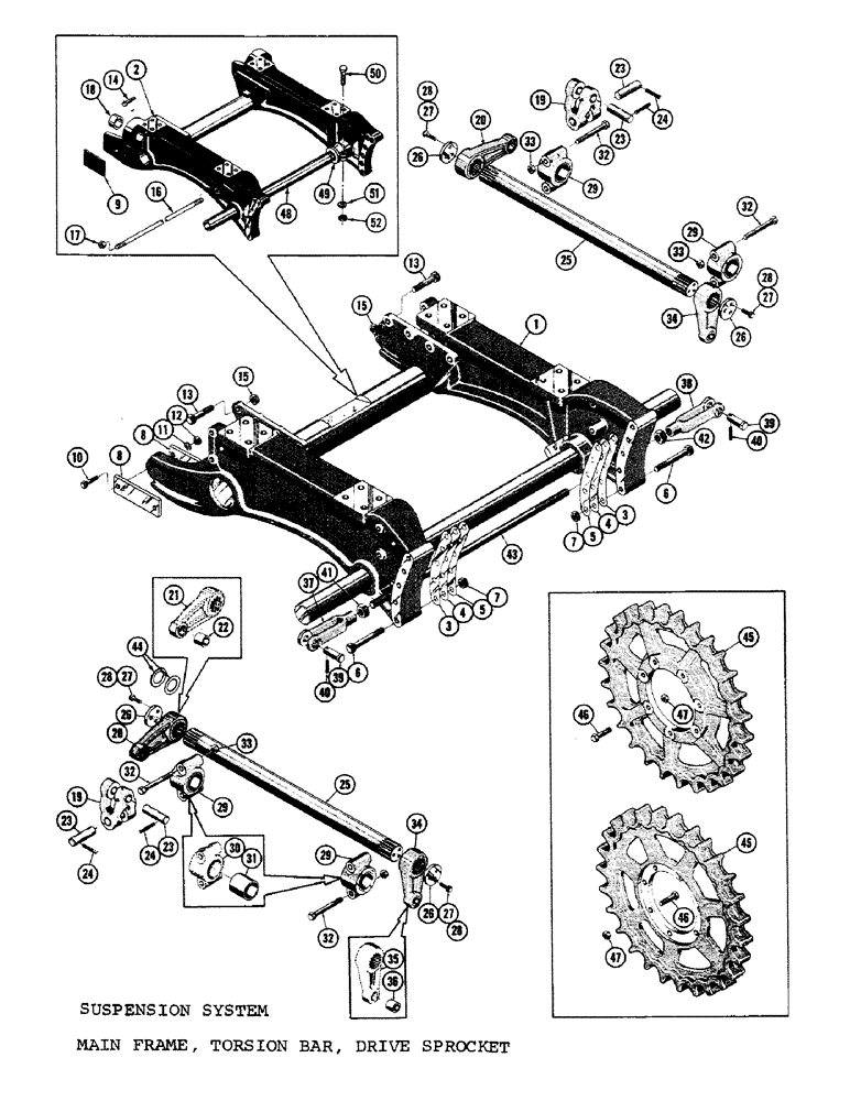 Схема запчастей Case 1000C - (140) - SUSPENSION SYSTEM, MAIN FRAME, TORSION BARS, DRIVE SPROCKET (04) - UNDERCARRIAGE