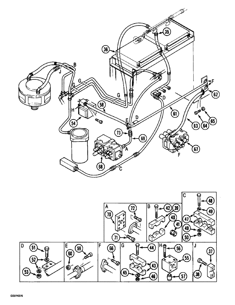 Схема запчастей Case 220B - (8-028) - HYDRAULIC CIRCUIT, RETURN LINES FROM VALVES, P.I.N. 74570 - 74597, P.I.N. 03201 & AFTER (CONT) (08) - HYDRAULICS