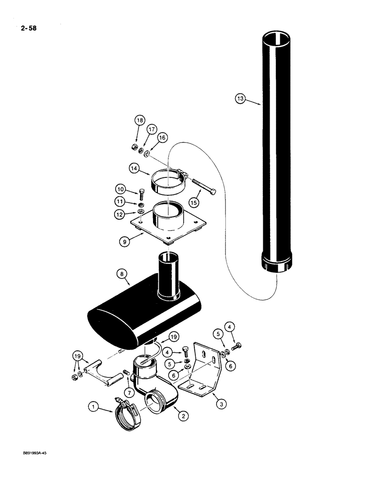 Схема запчастей Case 550 - (2-58) - MUFFLER MOUNTING AND EXHAUST PARTS, MODELS WITH A TURBOCHARGER (02) - ENGINE