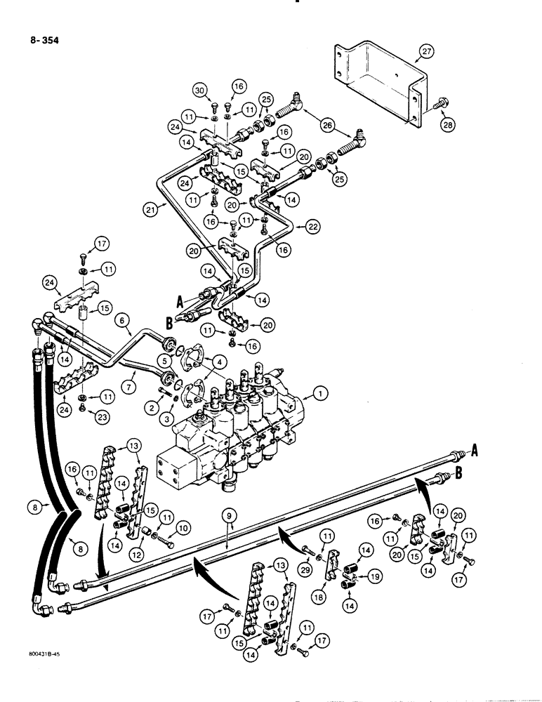 Схема запчастей Case 1455B - (8-354) - DOZER ANGLE HYDRAULIC CIRCUIT, ANGLE TILT PITCH DOZER MODELS, CONTROL VALVE TO GRILLE (08) - HYDRAULICS