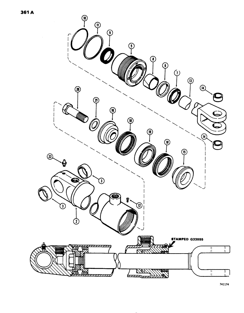 Схема запчастей Case 450 - (361A) - G33555 LOADER HYDRA-LEVELING CYLINDER, GLAND IS STAMPED WITH CYLINDER PART NUMBER (07) - HYDRAULIC SYSTEM