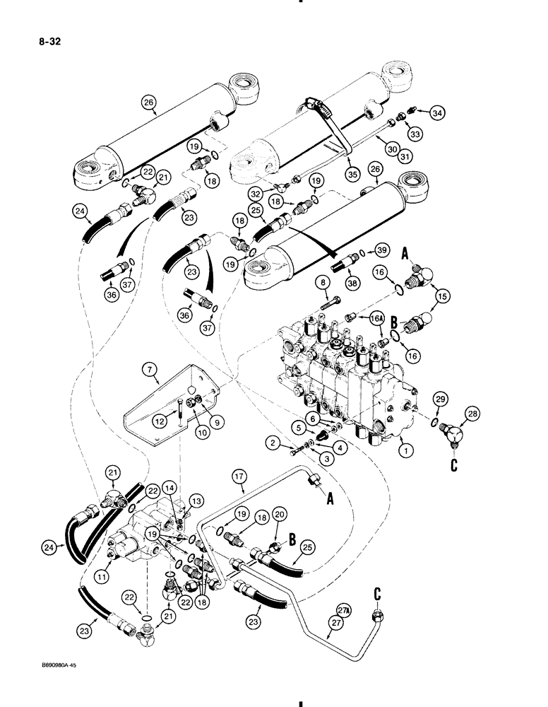 Схема запчастей Case 580K - (8-032) - BACKHOE SWING CYLINDER AND, SWING SEQUENCE VALVE HYDRAULIC CIRCUIT (08) - HYDRAULICS