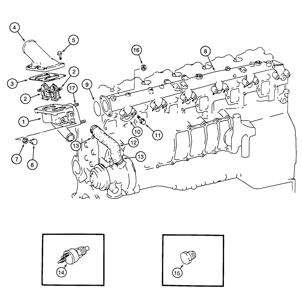 Схема запчастей Case 9050B - (2-44) - WATER PIPE AND THERMOSTATS, 6D22-T ENGINE (02) - ENGINE