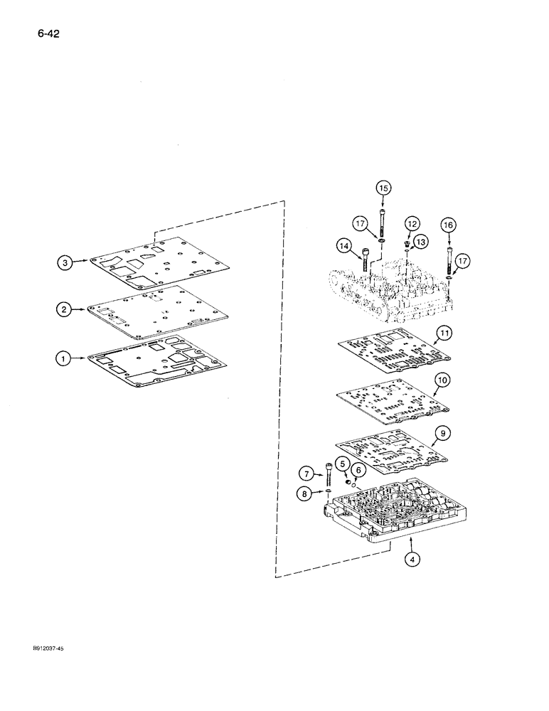 Схема запчастей Case 621 - (6-42) - TRANSMISSION ASSEMBLY, VALVE PLATES AND HYDRAULICS, P.I.N. JAK0027512 AND AFTER (06) - POWER TRAIN