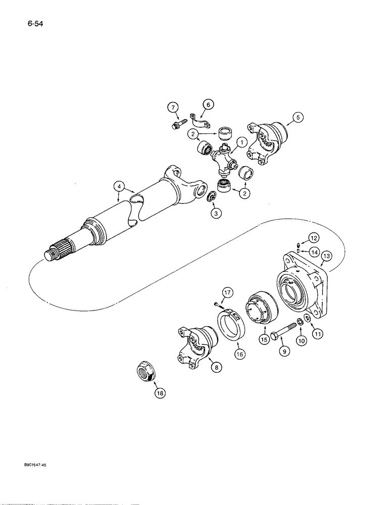 Схема запчастей Case 621 - (6-54) - FRONT DRIVE SHAFT AND SUPPORT BEARING, FRONT DRIVE SHAFT (06) - POWER TRAIN