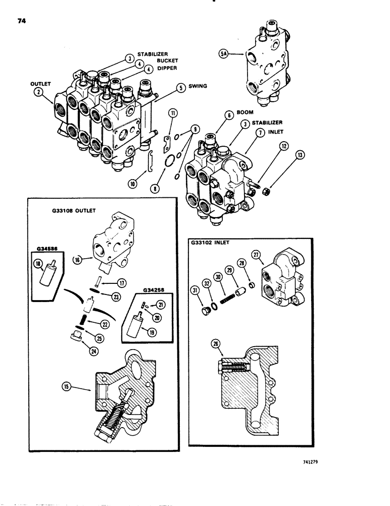 Схема запчастей Case 26C - (074) - G33115, G34898 AND G100182 BACKHOE, CONTROL VALVES, G33108 OUTLET SECTION, G33102 INLET SECTION 