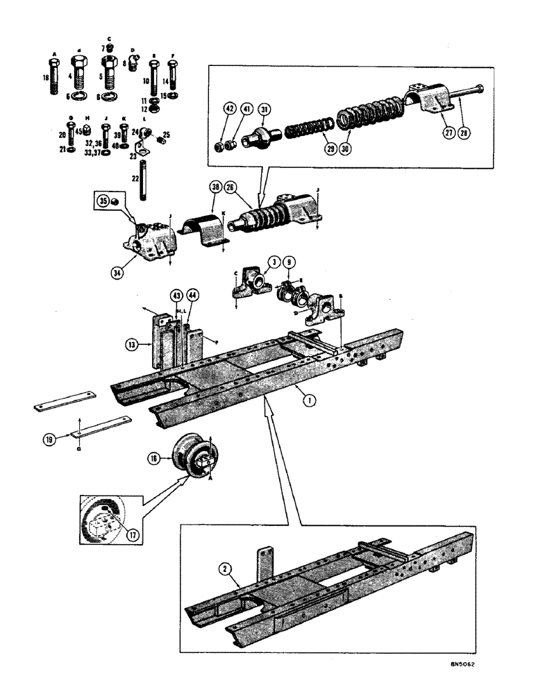 Схема запчастей Case 1000 - (144) - TRACK FRAME AND RECOIL SYSTEM, FIVE ROLLER (04) - UNDERCARRIAGE