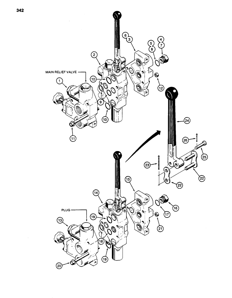 Схема запчастей Case 480D - (342) - THREE-POINT HITCH CONTROL VALVES, ONE-SPOOL VALVE ASSEMBLY 480D MODELS ONLY (35) - HYDRAULIC SYSTEMS