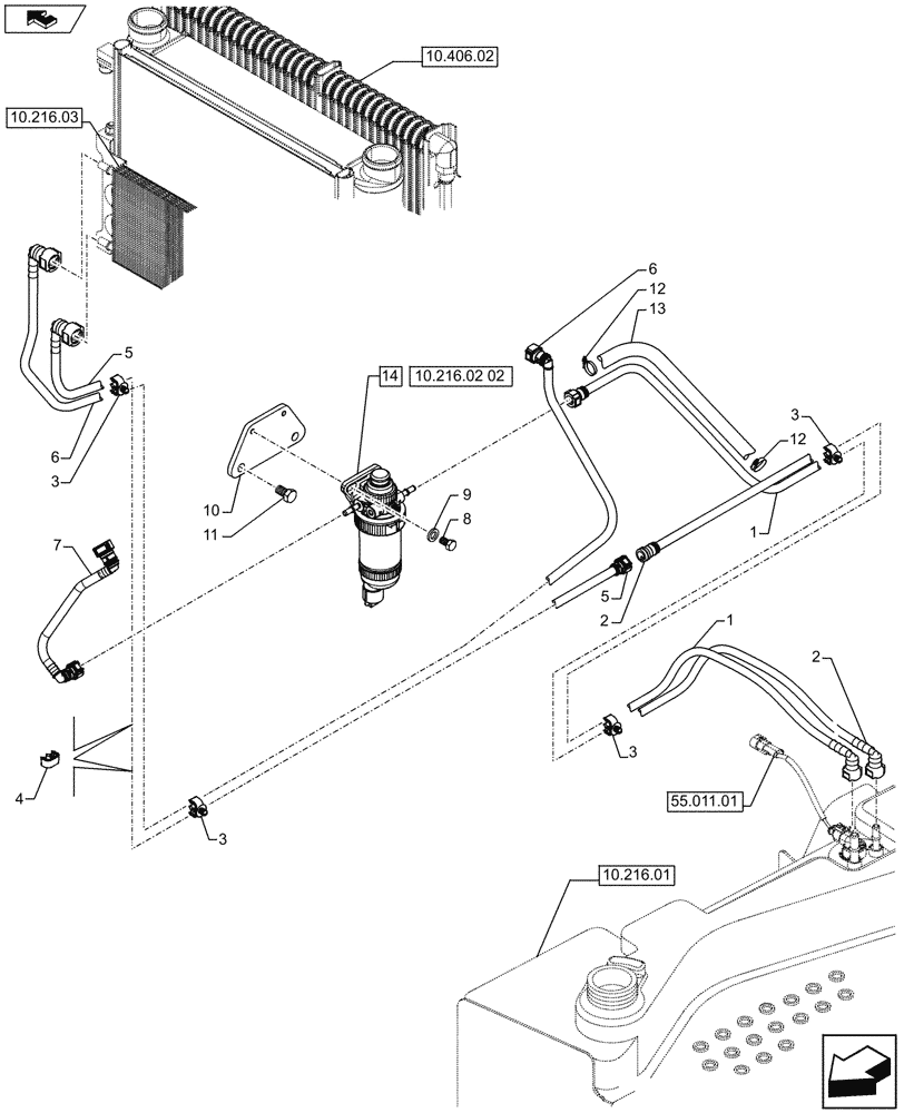 Схема запчастей Case 590SN - (10.216.02[01]) - FUEL LINES, RESERVOIR - C7476 (10) - ENGINE