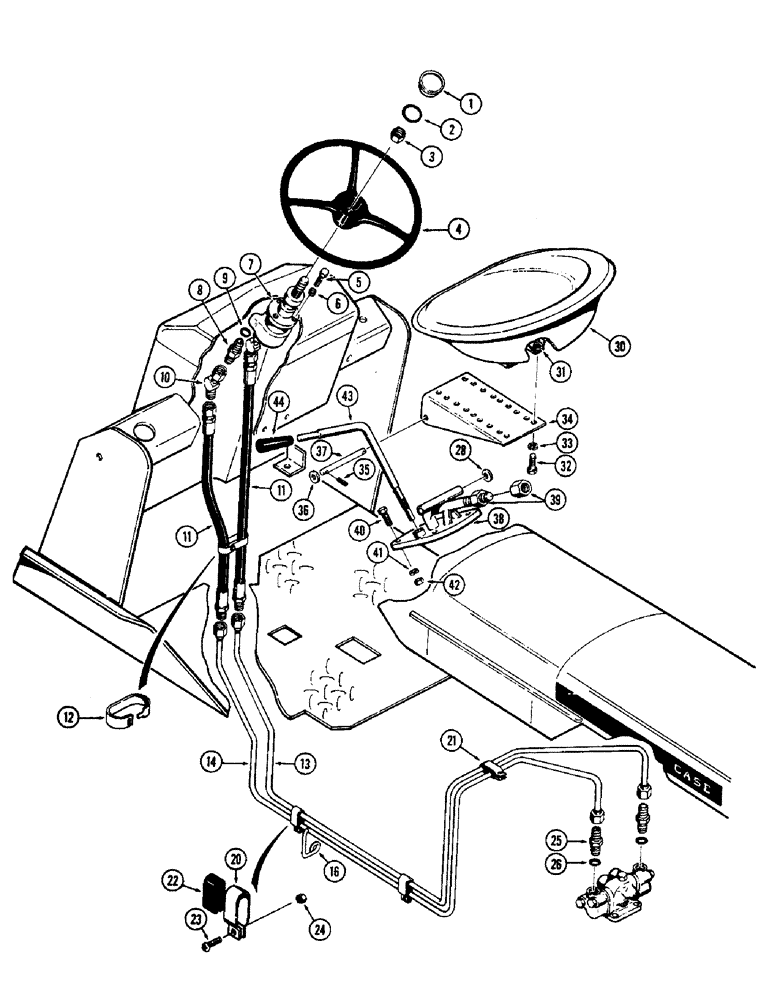 Схема запчастей Case 580 - (58) - SEAT, STEERING WHEEL AND HYDRAULICS WITH POWER SHUTTLE (90) - PLATFORM, CAB, BODYWORK AND DECALS