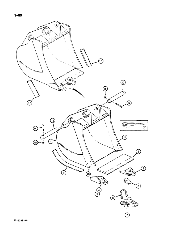 Схема запчастей Case 125B - (9-080) - BACKHOE BUCKET, P.I.N. 74251 THROUGH 74963, 21801 THROUGH 21868, 26801 AND AFTER (09) - CHASSIS