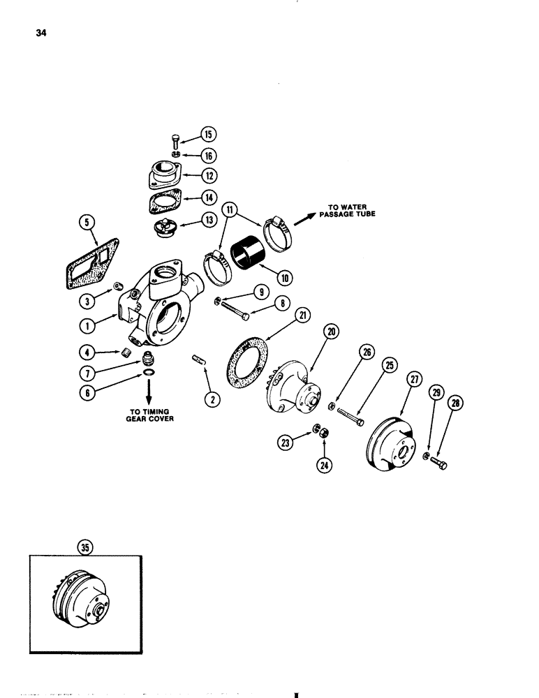 Схема запчастей Case 1845B - (034) - WATER PUMP AND THERMOSTAT, 188 DIESEL ENGINE (02) - ENGINE