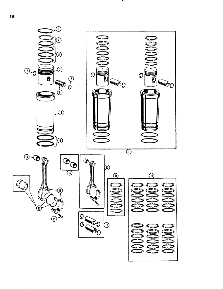 Схема запчастей Case 1150 - (016) - PISTON ASSEMBLY AND CONNECTING RODS, (401) DIESEL ENGINE, USED PRIOR TO ENG. SN 2306516 (01) - ENGINE