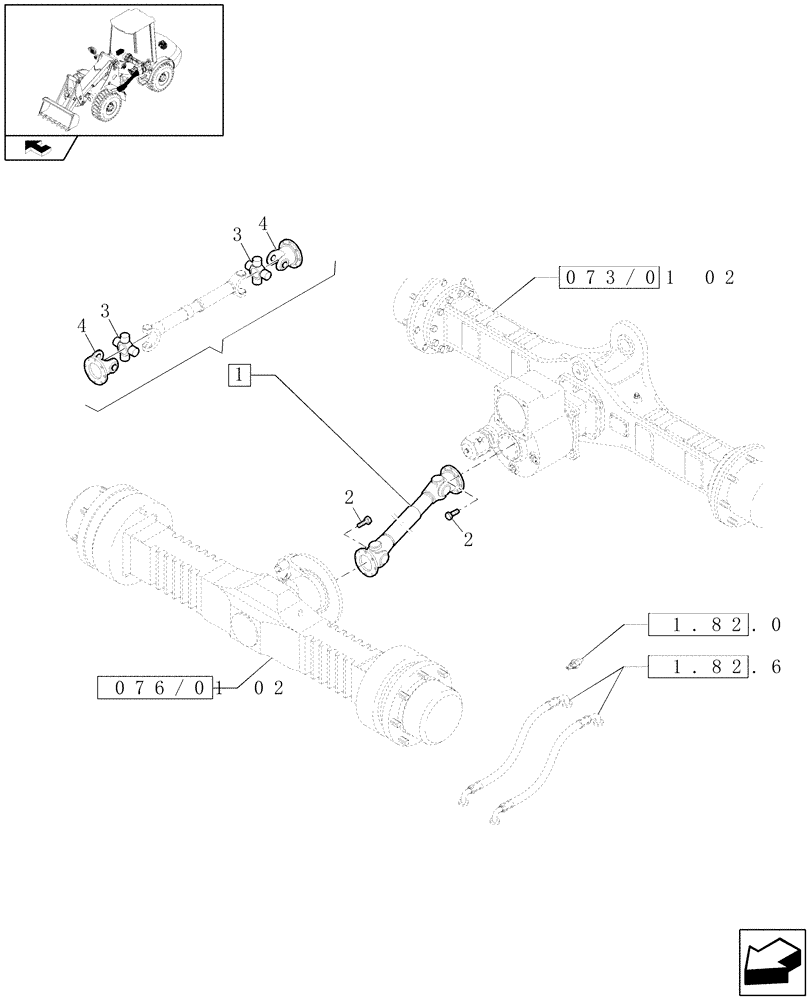 Схема запчастей Case 121E - (073/01[01]) - 20 KM/H REAR SELF-LOCKING AXLE: ARTICULATED SHAFT (05) - REAR AXLE