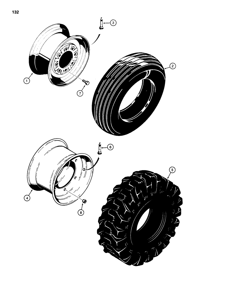 Схема запчастей Case 585D - (132) - REAR WHLS & TIRES,8.00X16 TIRES 2WD,11LX16 TIRES 2WD,12X16.5 TIRES 4WD,WHL BOLTS 2WD,WHL NUTS 4WD (44) - WHEELS