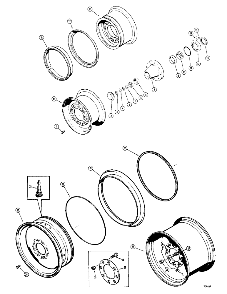 Схема запчастей Case 680CK - (112) - FRONT STEERING WHEELS, HUB, BEARINGS AND RELATED PARTS / REAR WHEELS (25) - FRONT AXLE SYSTEM