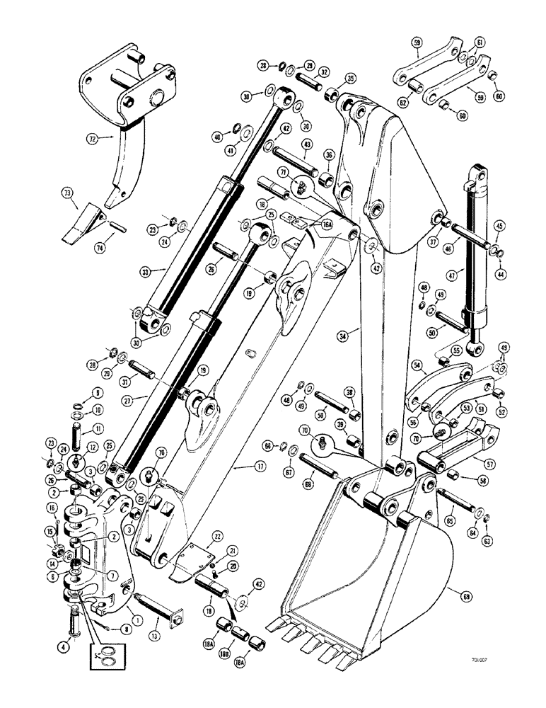 Схема запчастей Case 33 - (074) - TOWER, BOOM, DIPPER ARM AND BUCKET, BOOM AND DIPPER ARM WITH CAST TYPE CYL. ANCHORS 